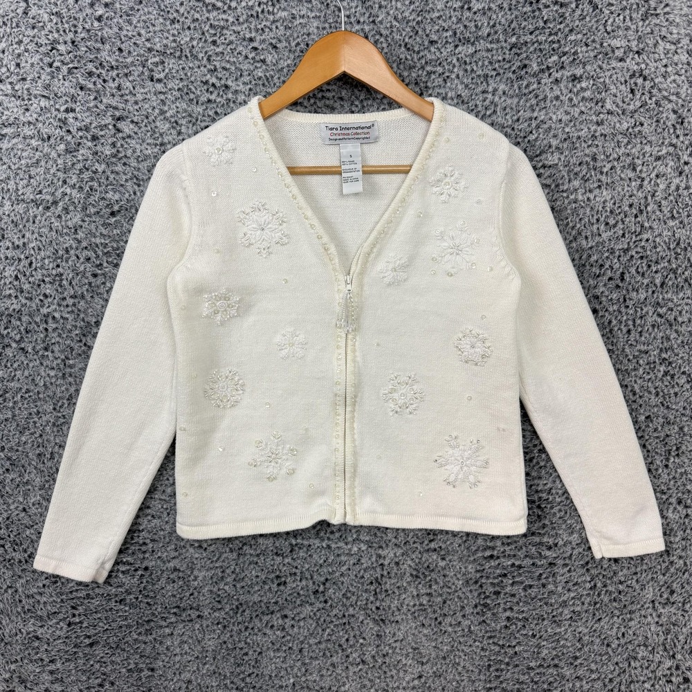 Vintage Christmas Sweater Womens Small White Cardigan Snowflake Tiara Y2K